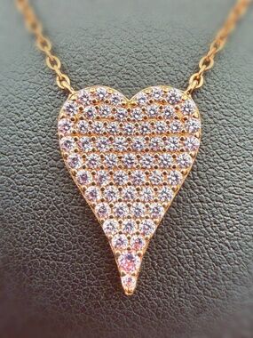925 Sterling Silver CZ Pave Heart Pendant Charm Rose Gold Tone Necklace Chain 15